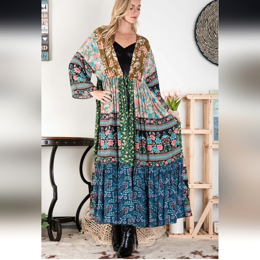 👜Floral Patchwork Boho Maxi Duster Maxi Top/Dress By Bluevelvet - Picture 3 of 5